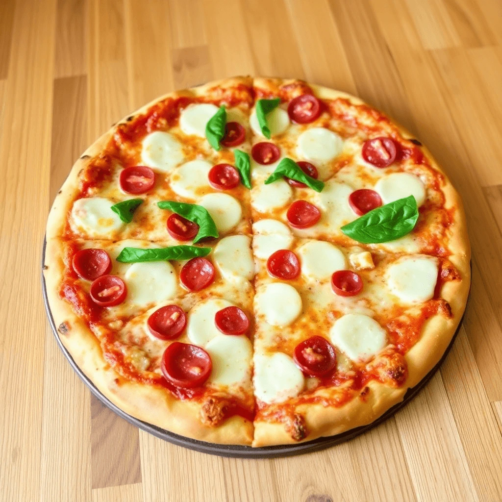 A freshly baked 12-inch pizza with melted cheese, sliced pepperoni, and fresh basil leaves, placed in an open pizza box by the window.