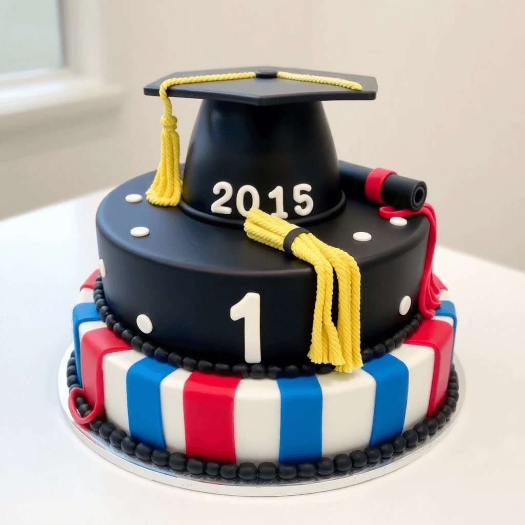 Graduation cake with multi-tiered layers and decorated with a mortarboard and tassel