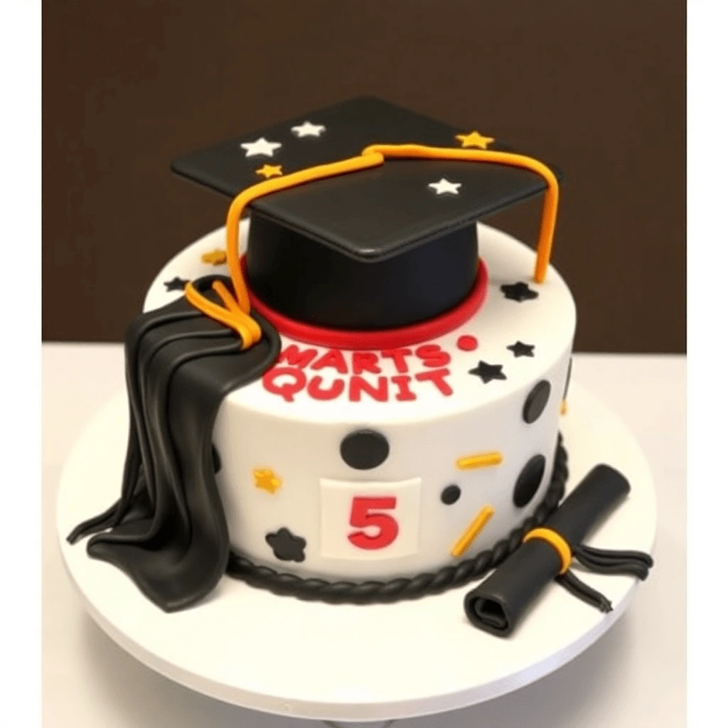 Colorful graduation cake with fondant decorations including a graduation cap and diploma