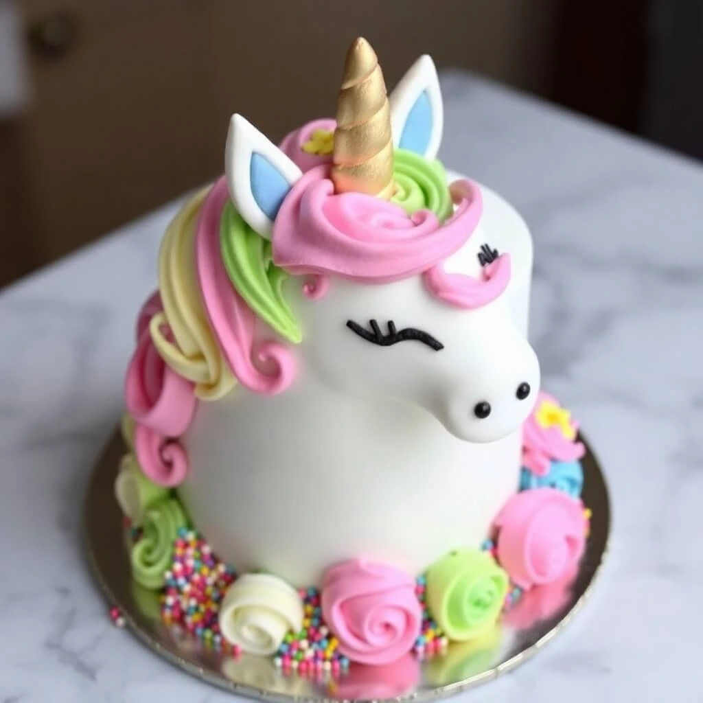 Whimsical Unicorn Cake with Rainbow Layers and Beautiful Decorations