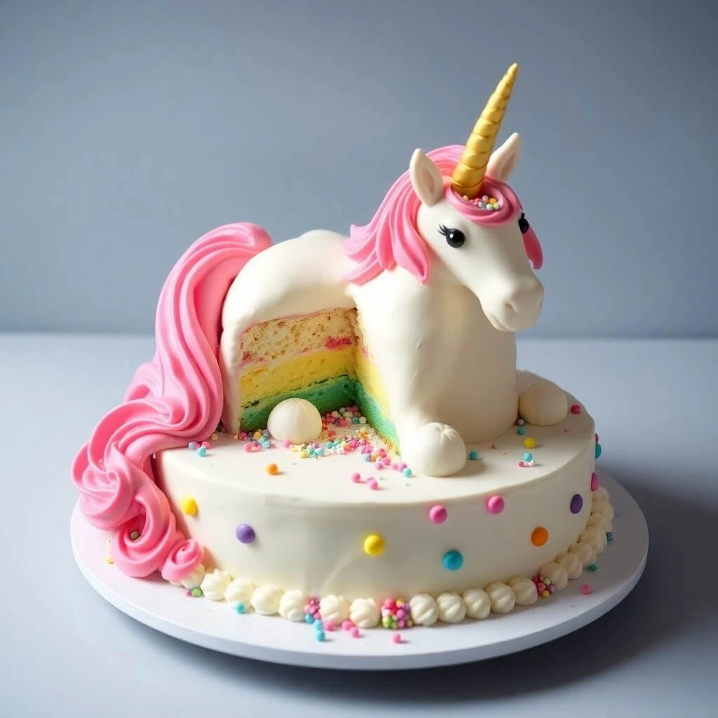 Whimsical Unicorn Cake with Rainbow Layers and Fantasy Decorations